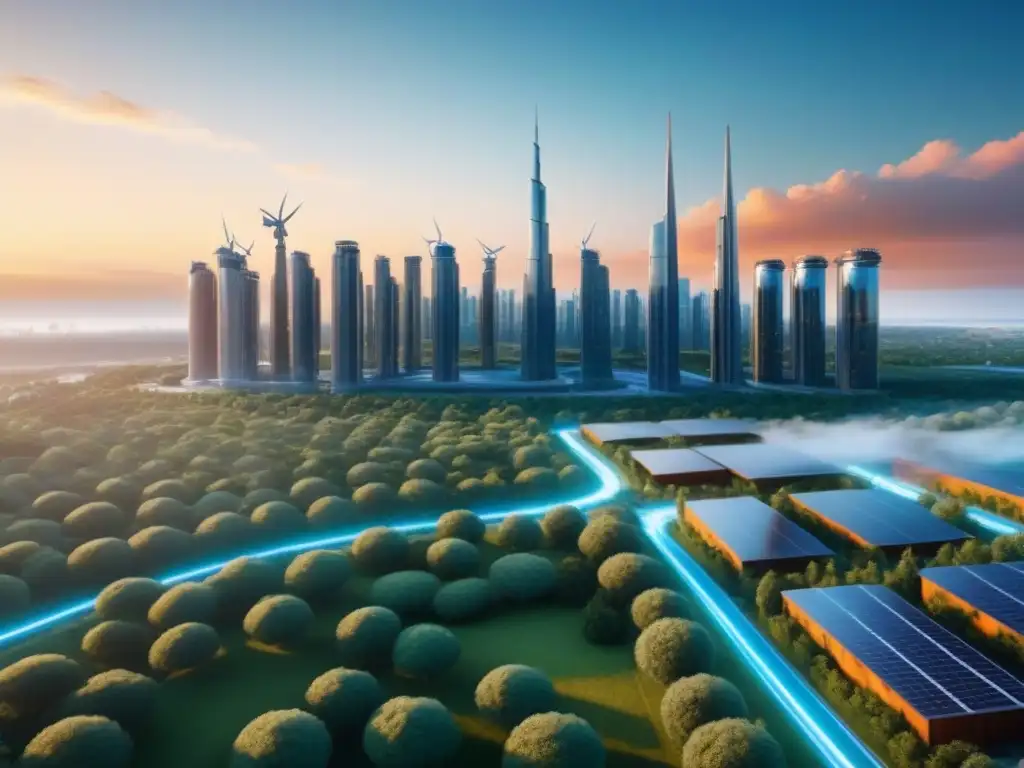 Horizonte futurista: ciudad sostenible en atardecer vibrante Un horizonte futurista con edificios altos y modernos conectados por pasarelas transparentes, rodeado de vegetación exuberante, bajo una puesta de sol vibrante