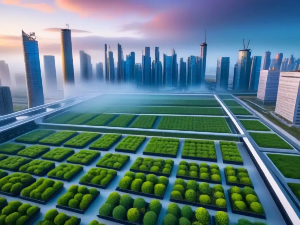 Cityscape futurista: edificios resistentes y sostenibles Horizonte futurista con edificios avanzados y sostenibles, destacando normativas reconstrucción propiedades postdesastres