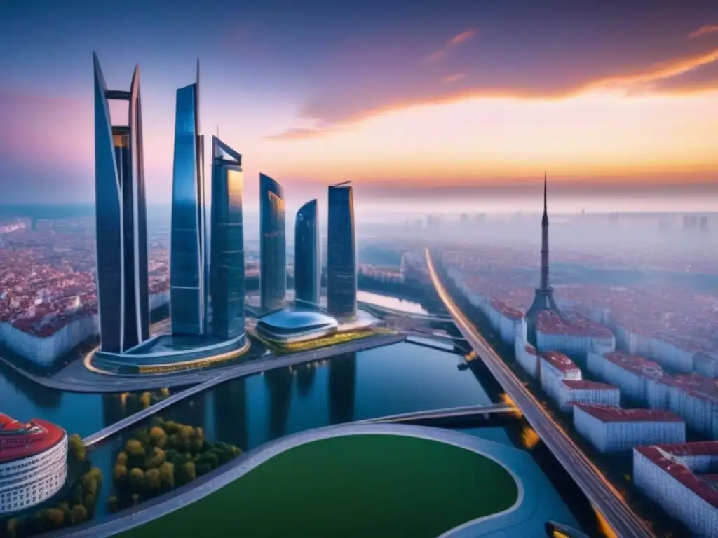 Horizonte Futurista en Europa del Este: Deslumbrante 8k de edificios innovadores y modernos en atardecer Un horizonte futurista en Europa del Este, con edificios modernos y reflejos del atardecer