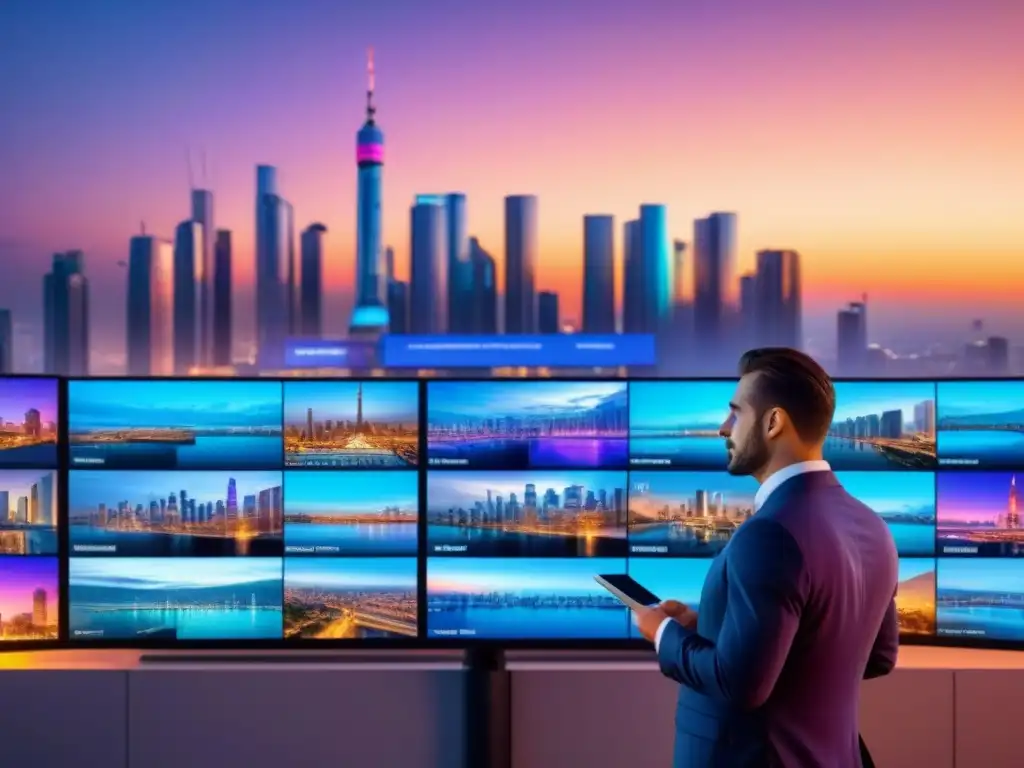 Metrópolis futurista: fusionando real estate y criptomonedas Un horizonte futurista iluminado por luces y carteles digitales, con profesionales discutiendo inversiones inmobiliarias con criptomonedas
