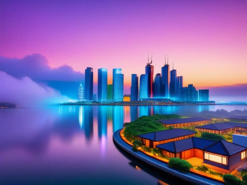 Ciudad futurista: skyline nocturno con luces vibrantes y diseño sostenible Un horizonte futurista iluminado con luces vibrantes, reflejadas en agua tranquila al anochecer