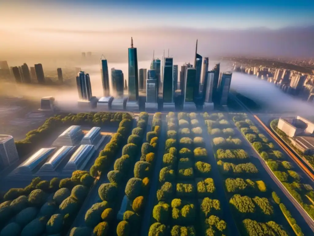 Horizonte futurista: ciudad de cristal y acero en armonía con la naturaleza Un horizonte futurista lleno de rascacielos de vidrio y acero, rodeado de vegetación, reflejando una vibrante ciudad