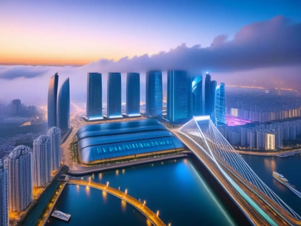 Horizonte futurista: mercados inmobiliarios internacionales innovadores Un horizonte futurista de mercados inmobiliarios internacionales poco convencionales con diseños arquitectónicos innovadores y luces de neón vibrantes