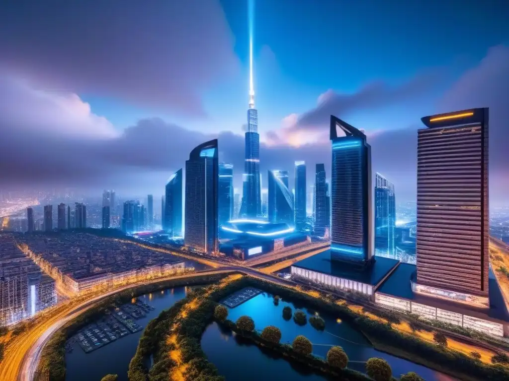Metrópolis futurista: luces neón y rascacielos en una ciudad nocturna Horizonte futurista nocturno con rascacielos reflectantes