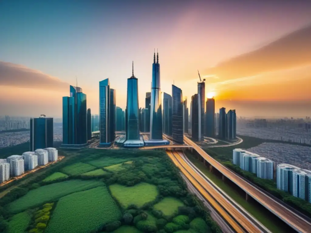 Horizonte futurista: rascacielos dorados en atardecer Un horizonte futurista con rascacielos altos y diseño sostenible, rodeado de vegetación y tecnología