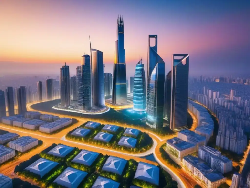 Horizonte futurista: rascacielos dorados y verde exuberante Un horizonte futurista con rascacielos altos y brillantes, rodeados de vegetación exuberante, reflejando un atardecer dorado