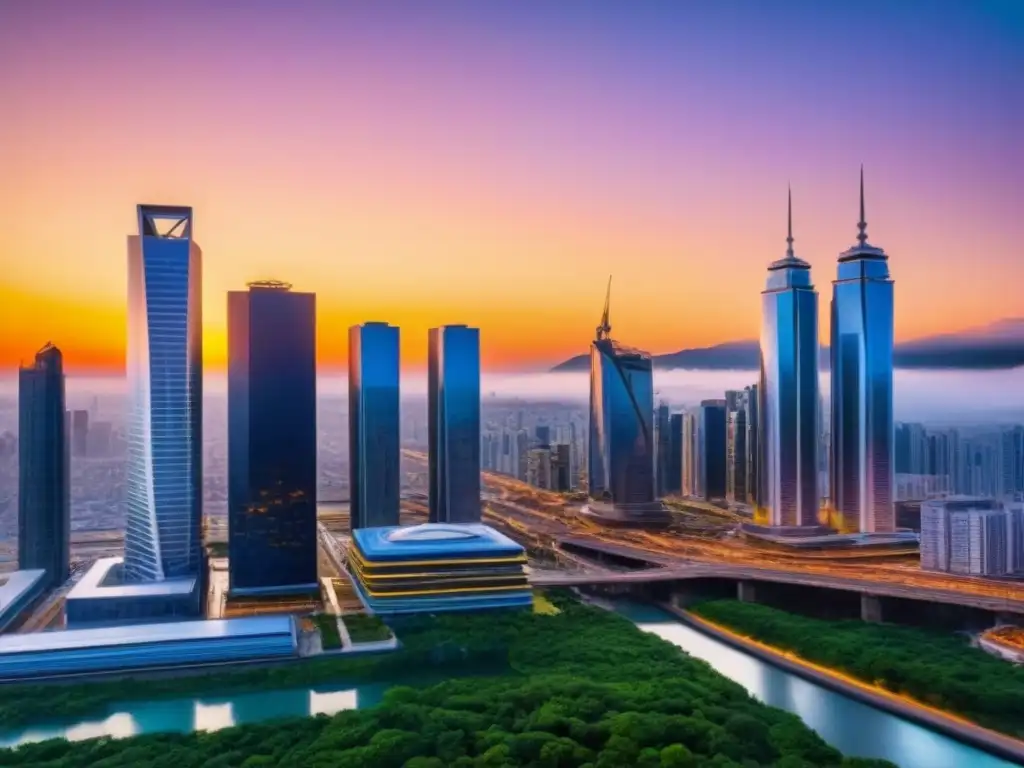 Metrópolis futurista: nanotecnología revolucionaria en rascacielos Un horizonte futurista con rascacielos avanzados que incorporan nanotecnología en construcción internacional, reflejando innovación y sostenibilidad bajo un atardecer vibrante