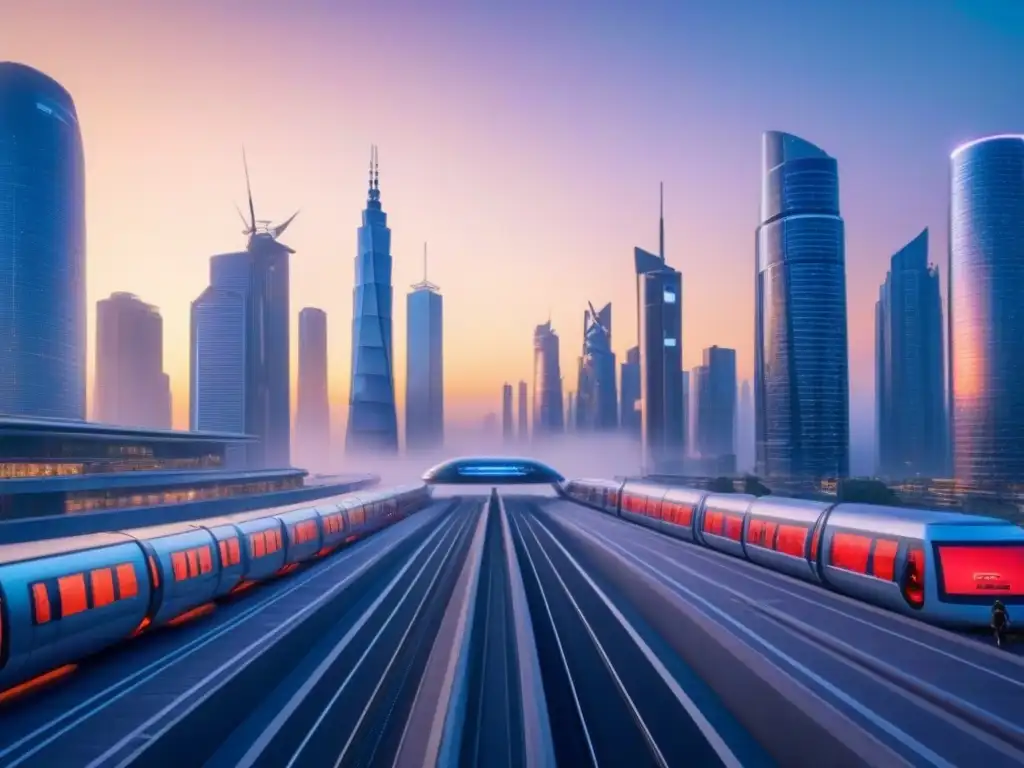 Metrópolis del futuro: oportunidades inmobiliarias globales al anochecer Un horizonte futurista con rascacielos brillantes, autos voladores y trenes de levitación magnética
