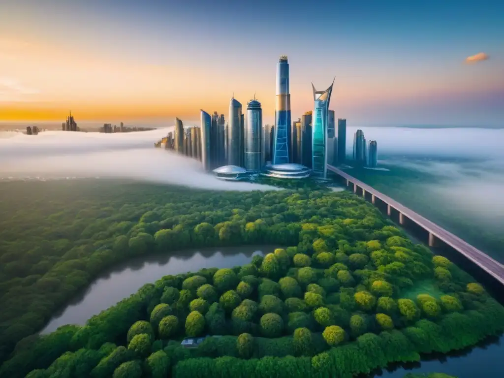Metrópolis futurista: arquitectura moderna en armonía con la naturaleza Un horizonte futurista con rascacielos brillantes rodeados de vegetación exuberante, reflejando la fusión armoniosa de tecnología y naturaleza