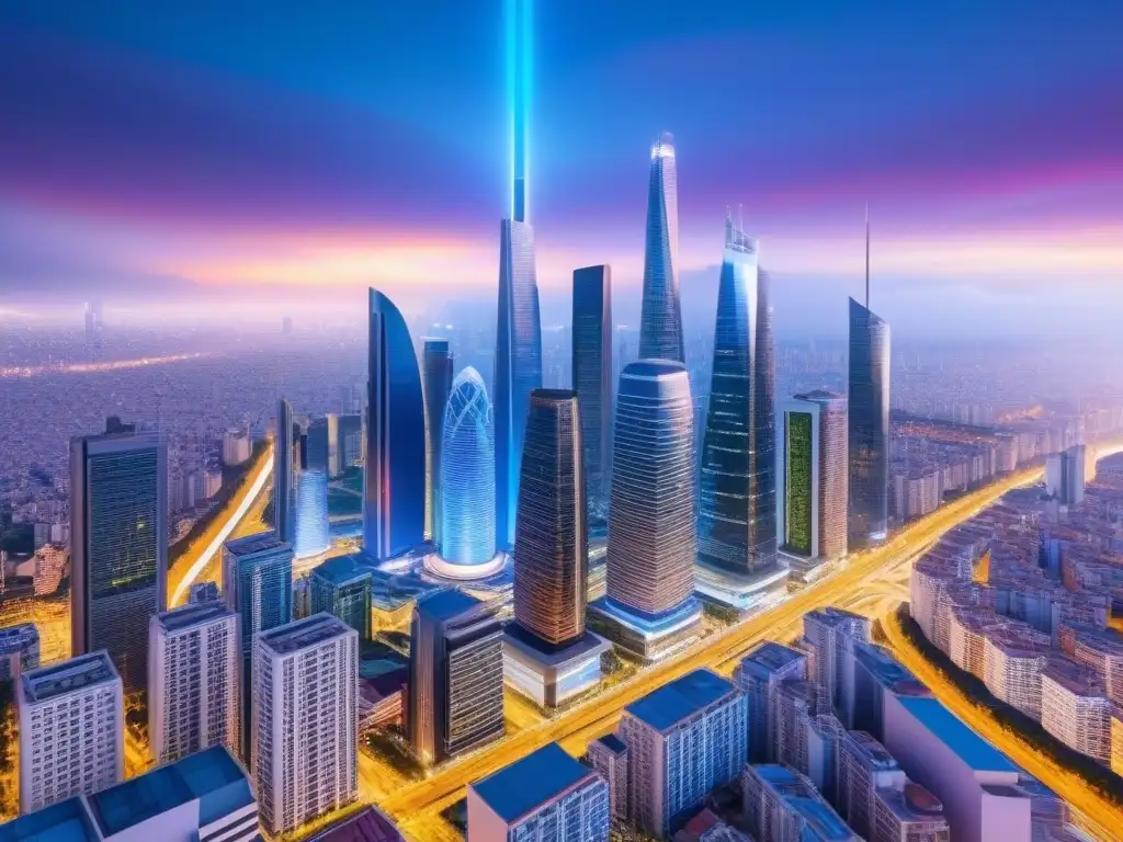 Skyline futurista: luces vibrantes de un hub financiero global Un horizonte futurista con rascacielos de cristal iluminados reflejando la vitalidad de un centro financiero global