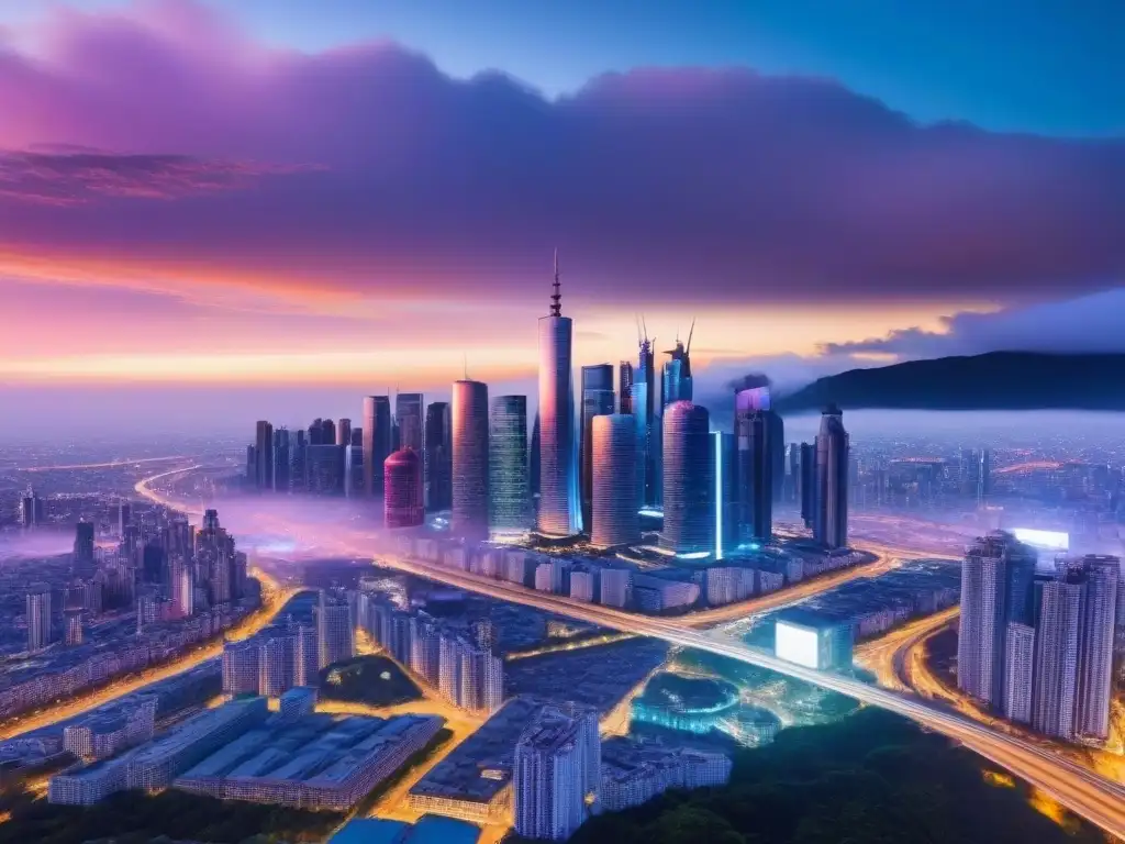Metrópolis futurista: luces neón en la ciudad global Un horizonte futurista al anochecer, con rascacielos elegantes y luces de neón vibrantes