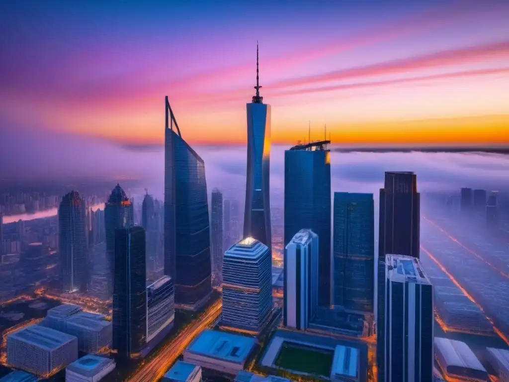 Metrópolis futurista: crecimiento urbano sostenible al atardecer Un horizonte futurista con rascacielos elegantes se alza contra un cielo al atardecer, reflejando el resplandor del sol poniente en sus fachadas de cristal