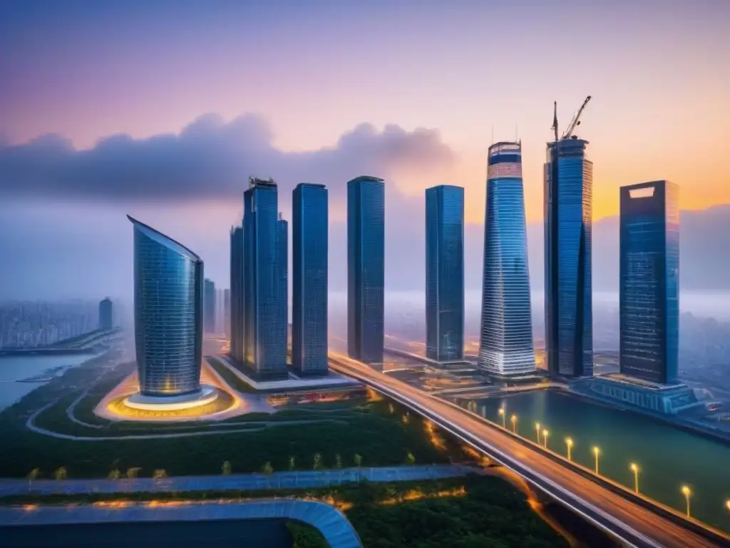 Horizonte futurista: innovación y progreso en la construcción urbana Un horizonte futurista al anochecer, con rascacielos elegantes y sistemas de transporte avanzados integrados en el paisaje urbano