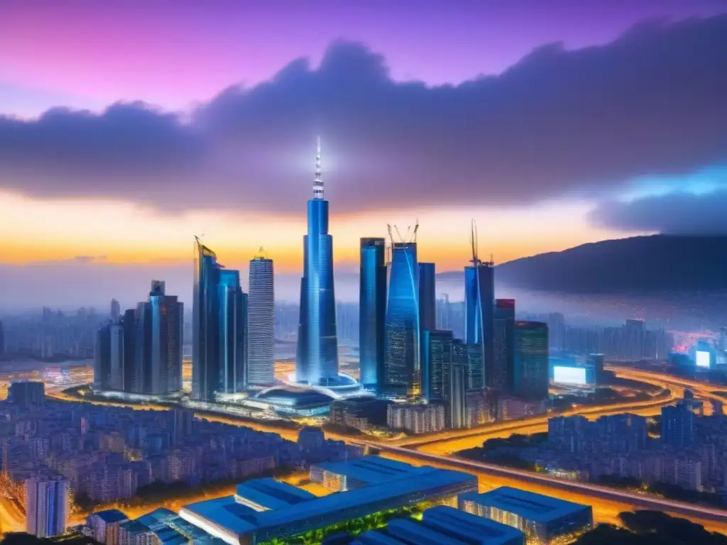 Metrópolis del futuro: innovación y progreso urbano Un horizonte futurista con rascacielos elegantes y diseños arquitectónicos innovadores, reflejando una metrópolis vibrante en la vanguardia del desarrollo urbano