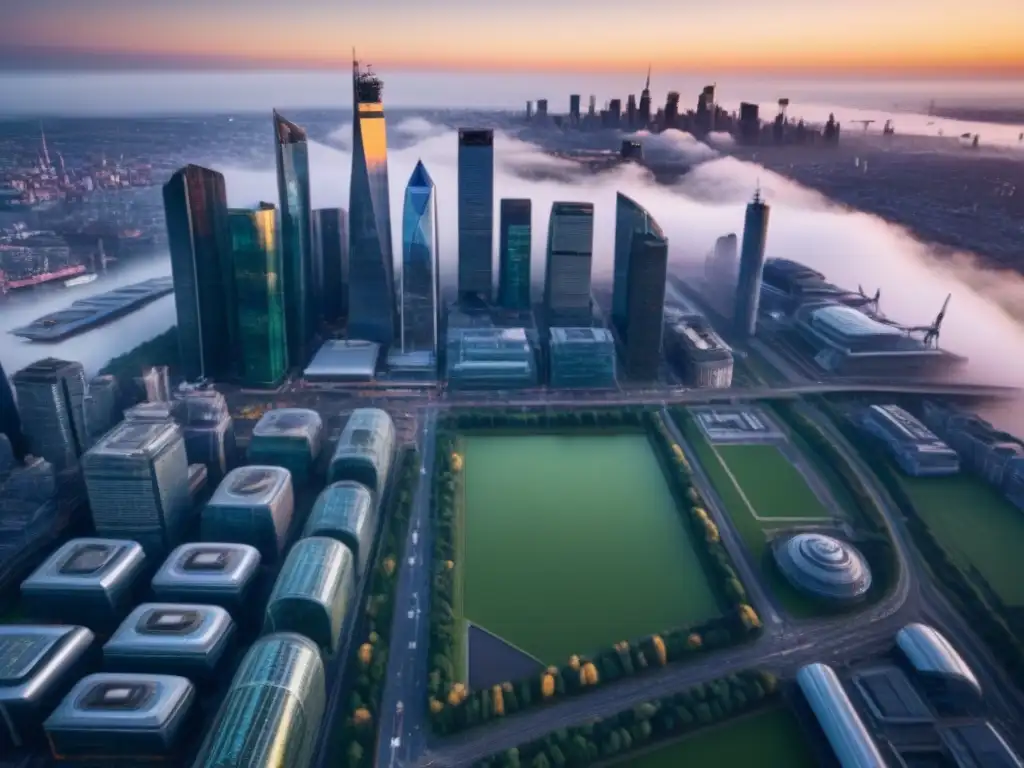 Horizonte futurista postBrexit: arquitectura moderna y naturaleza en auge Un horizonte futurista postBrexit con rascacielos y espacios verdes, reflejando el mercado inmobiliario internacional post-Brexit