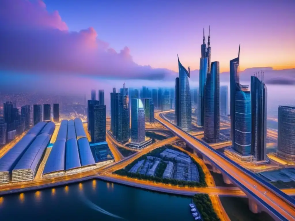 Metrópolis futurista: innovación inmobiliaria en acción Un horizonte futurista al anochecer con rascacielos iluminados y tecnología en mercado inmobiliario internacional