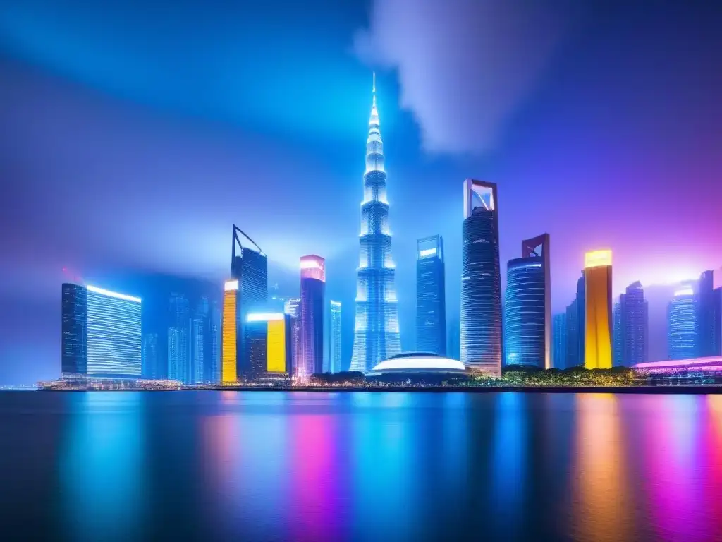 Horizonte futurista en Asia: luces neón y arquitectura moderna Un horizonte futurista en Asia con rascacielos iluminados por luces neón, reflejándose en el agua, ideal para hipotecas para extranjeros en Asia