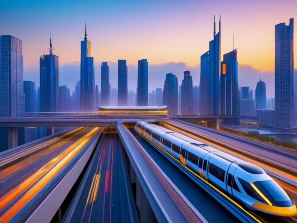 Metrópolis futurista: luces y avance en el mercado inmobiliario Un horizonte futurista al anochecer con rascacielos iluminados reflejando el sol, redes de carreteras brillantes y un monorraíl de alta velocidad