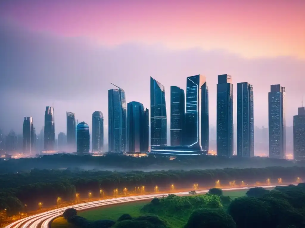Horizonte futurista al atardecer: equilibrio entre ciudad y naturaleza Un horizonte futurista al anochecer, con rascacielos iluminados reflejando la luz del sol