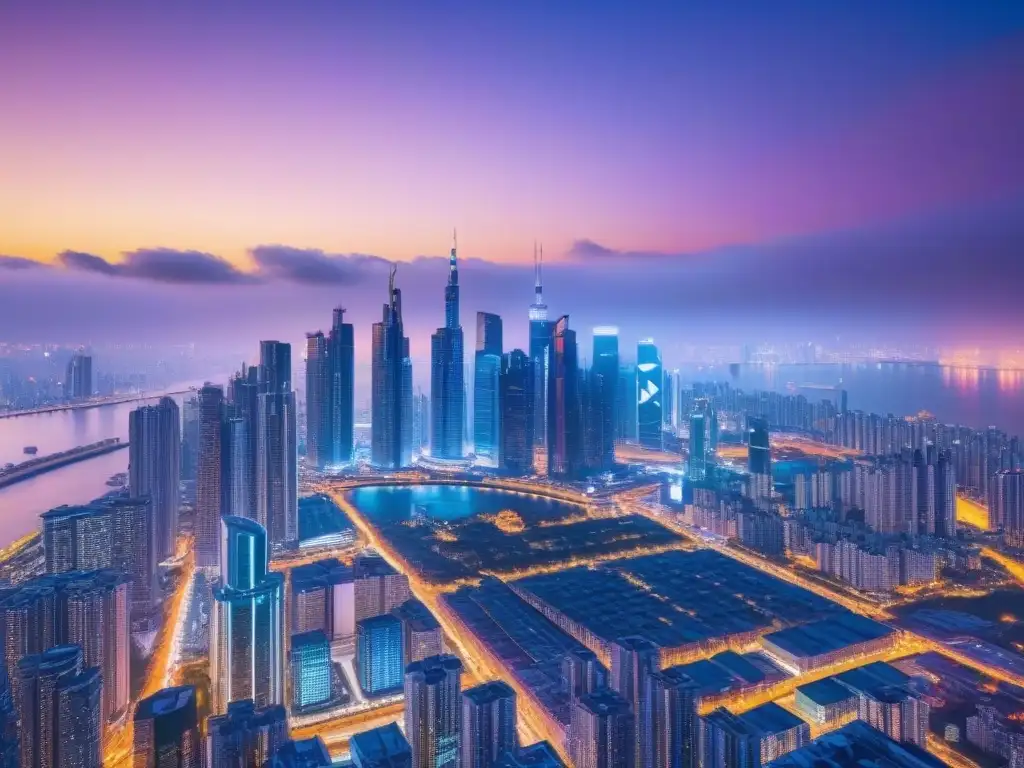 Horizonte futurista: luces neón y arquitectura innovadora Un horizonte futurista con rascacielos iluminados por luces neón, representando la fusión de tradición e innovación en el mercado inmobiliario