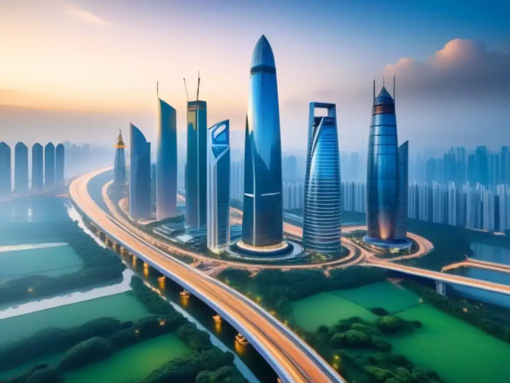 Oportunidades inmobiliarias futuristas en Ruta de la Seda Un horizonte futurista de metrópolis próspera con rascacielos, infraestructura avanzada y espacios verdes