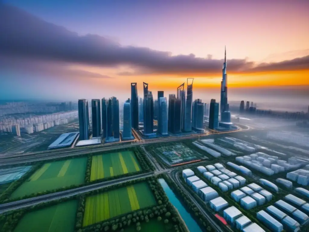 Metrópolis futurista: mercado inmobiliario internacional en alta tecnología Un horizonte futurista con rascacielos innovadores y datos inmobiliarios, en un mercado inmobiliario internacional vanguardia