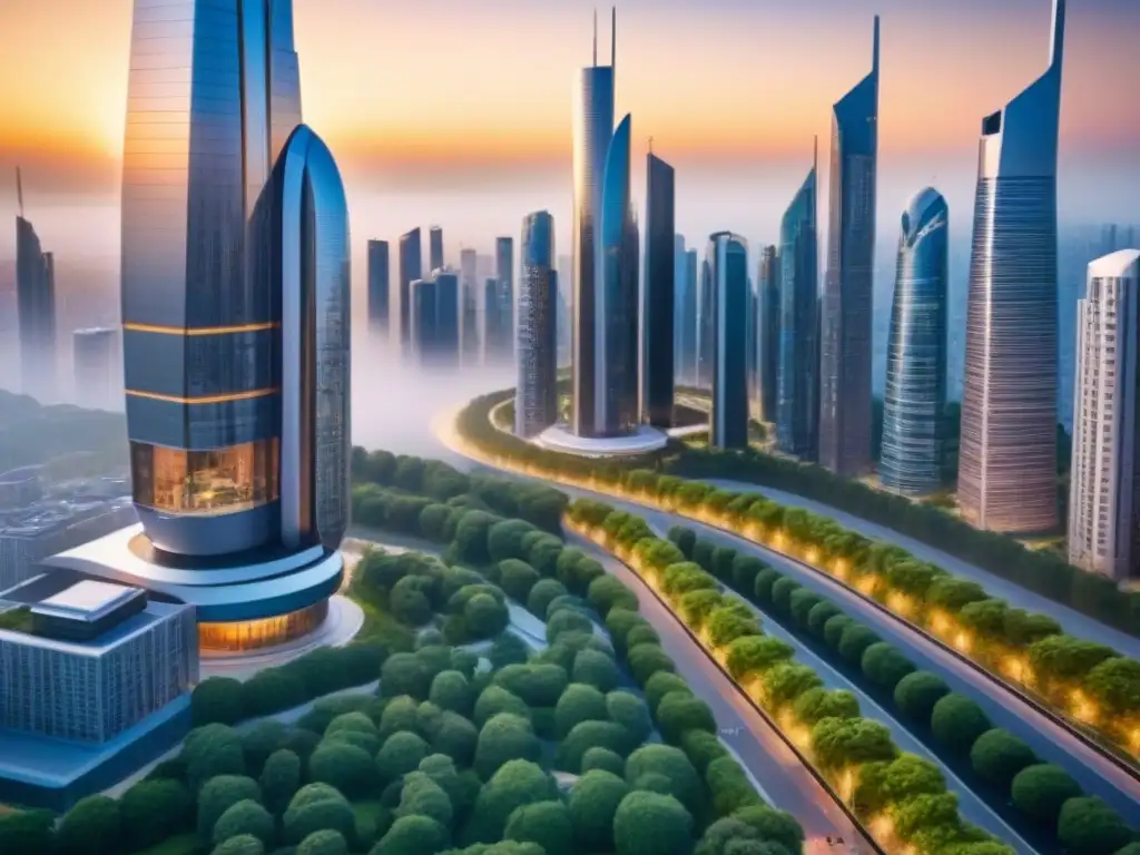 Metrópolis futurista: rascacielos modernos en atardecer dorado Un horizonte futurista con rascacielos innovadores reflejando la luz dorada de un atardecer, rodeados de vegetación y calles animadas