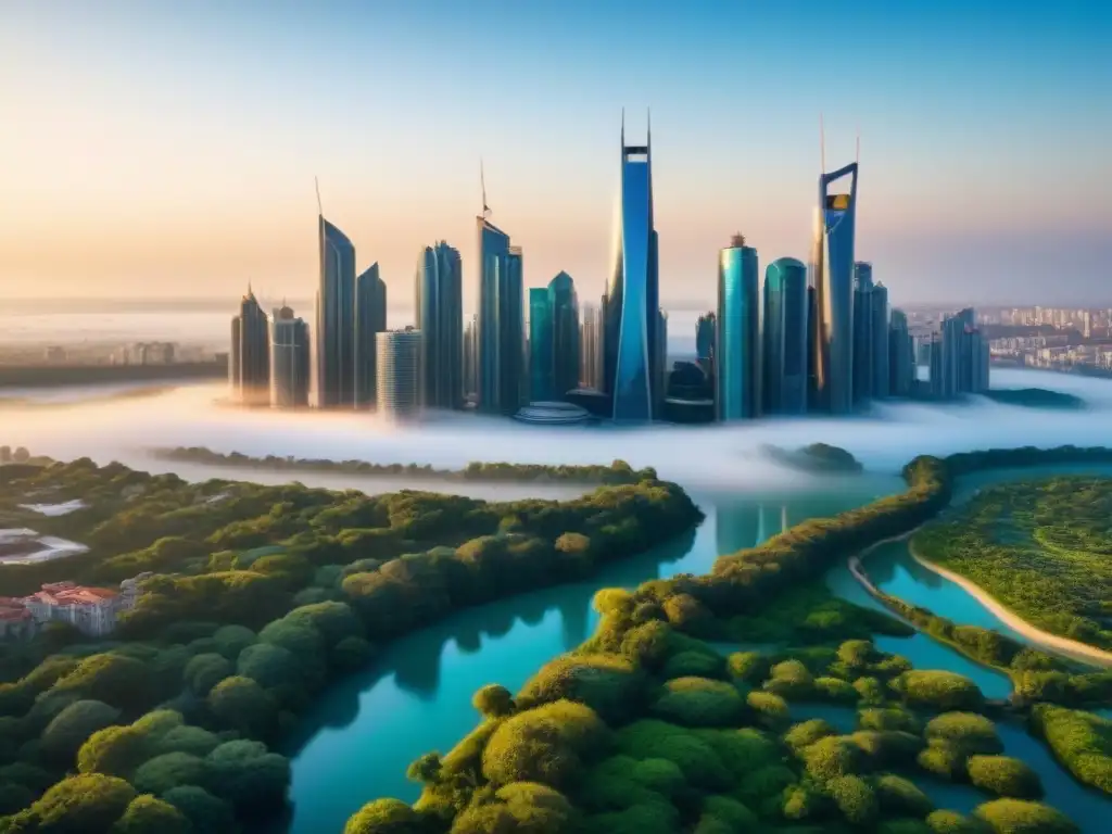 Horizonte futurista: arquitectura innovadora en armonía con la naturaleza Un horizonte futurista con rascacielos innovadores y naturaleza exuberante, ideal para inversionistas globales mercado inmobiliario internacional