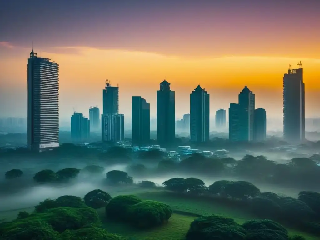 Horizonte futurista en Dhaka: skyline innovador y próspero Un horizonte futurista en Dhaka, Bangladesh, con rascacielos innovadores rodeados de vegetación exuberante