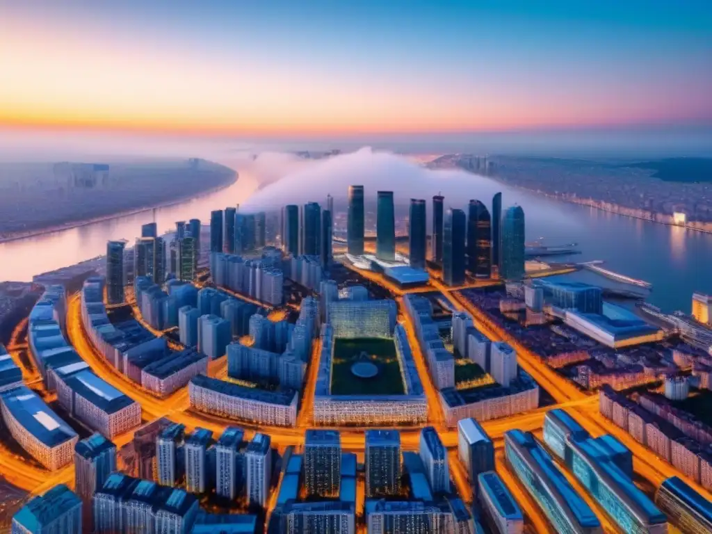Horizonte futurista en Europa del Este: ¡Innovación y tradición en 8k! Un horizonte futurista en Europa del Este con rascacielos innovadores y una mezcla de elementos tradicionales y modernos