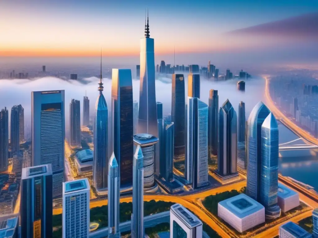 Horizonte futurista: rascacielos vanguardistas en metrópolis vibrante Un horizonte futurista con rascacielos innovadores en una metrópoli, simbolizando potenciales mercados inmobiliarios internacionales
