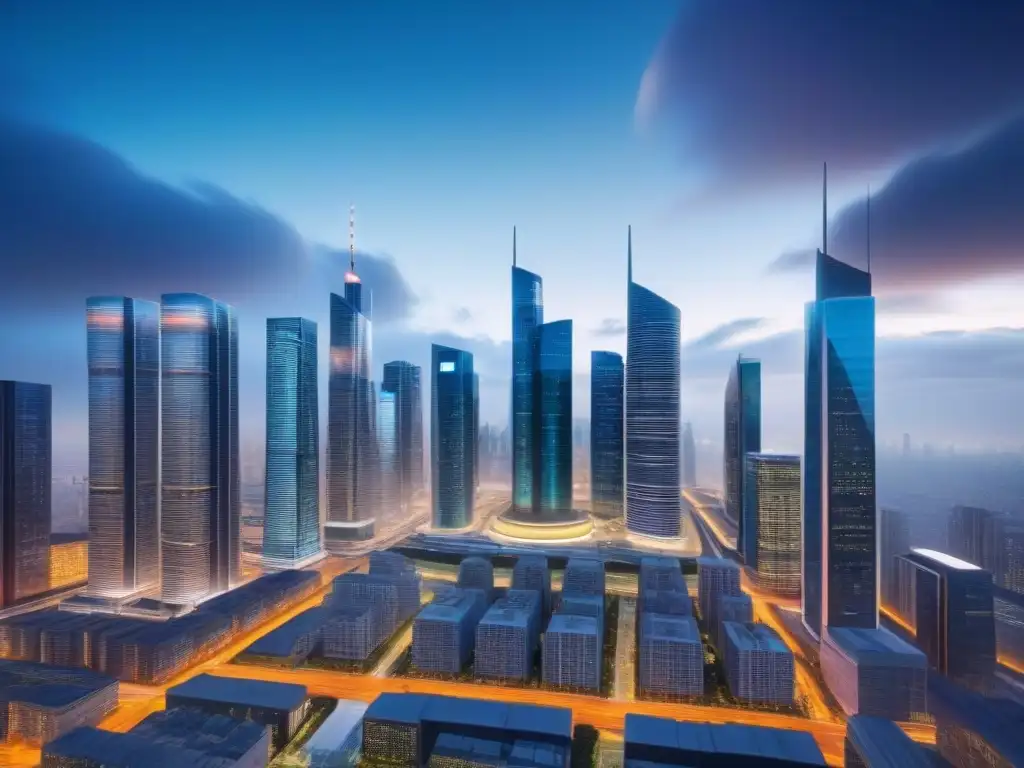 Metropolis futurista: FinTech revoluciona el mercado inmobiliario Un horizonte futurista con rascacielos modernos y pantallas digitales muestra datos financieros en tiempo real, integrando FinTech en mercado inmobiliario