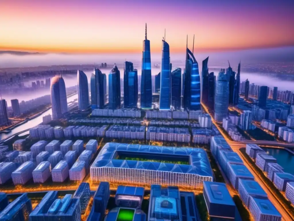 Horizonte futurista: ciudad tecnológica al atardecer Horizonte futurista con rascacielos modernos y tecnológicos al atardecer, resaltando el financiamiento inmobiliario internacional tecnología