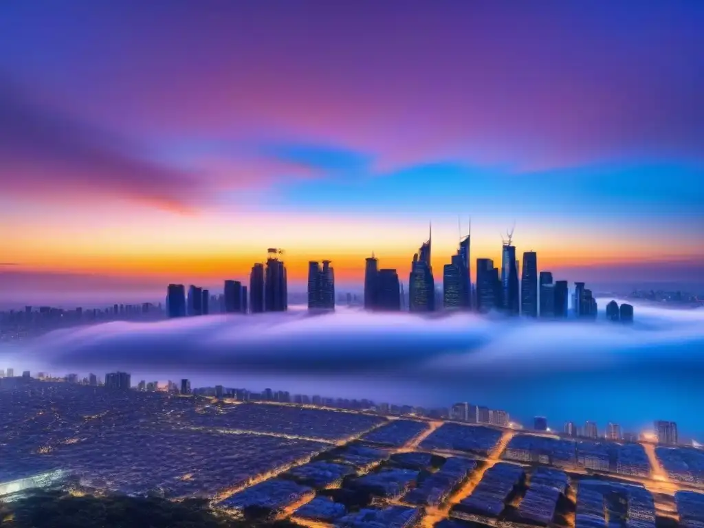 Horizonte futurista: transparencia en real estate Horizonte futurista con rascacielos modernos reflejando atardecer, simbolizando transparencia y cumplimiento en mercado inmobiliario internacional