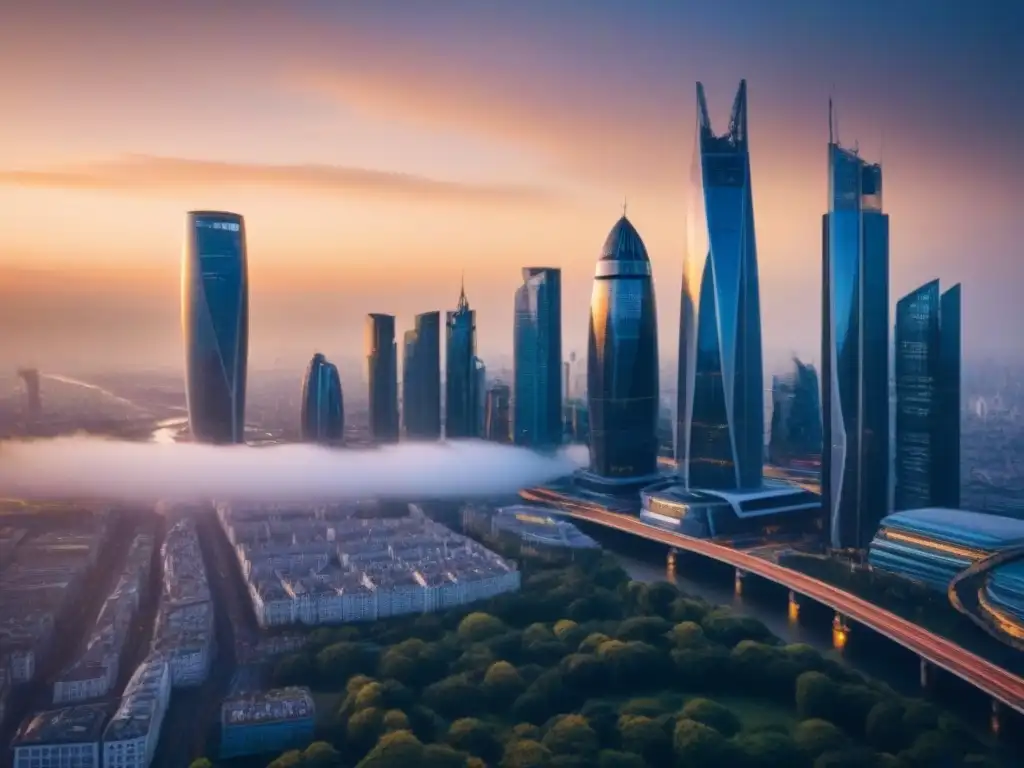 Metrópolis futurista: innovación urbana postBrexit Un horizonte futurista con rascacielos relucientes reflejando la luz del sol al atardecer