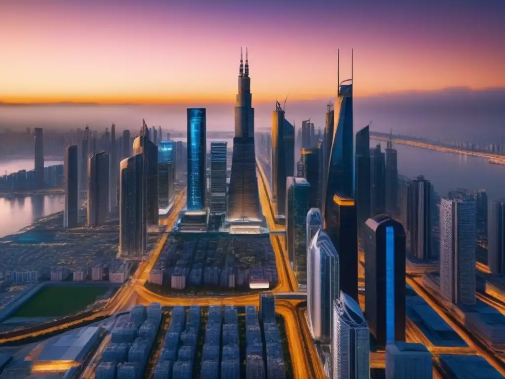 Horizonte futurista: metrópolis innovadora en 8k Un horizonte futurista, rascacielos y sistemas de transporte avanzados, iluminados por un cálido atardecer