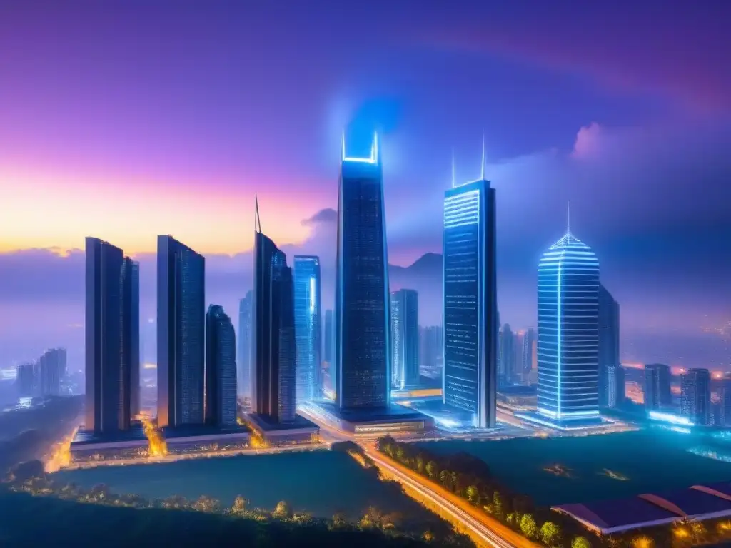 Metropolis futurista: fusión de rascacielos en la noche neon Horizonte futurista con rascacielos fusionándose, reflejando tendencias fusiones mercado inmobiliario