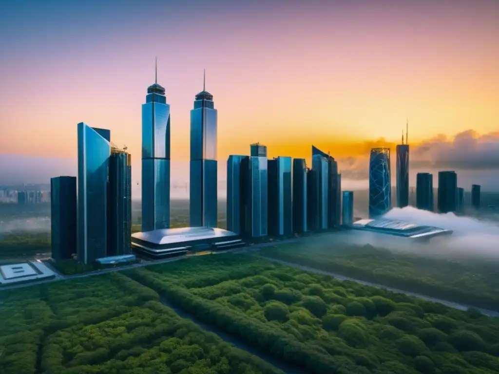Horizonte futurista 8K: arquitectura vanguardista y naturaleza en armonía Un horizonte futurista: rascacielos vanguardistas, vegetación exuberante y tecnología inteligente