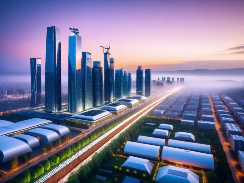 Ciudad futurista sostenible: skyline verde y tecnológico Un horizonte futurista con rascacielos verdes y energía renovable, iluminado por luces LED eficientes