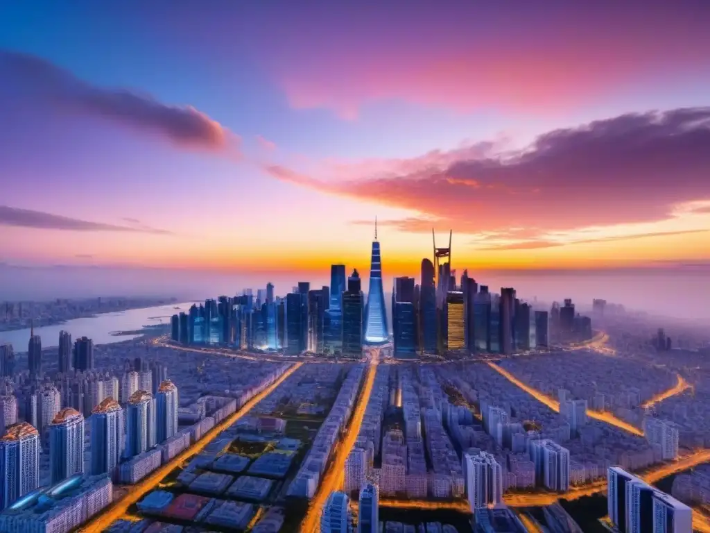 Horizonte futurista en 8k: inversión inmobiliaria en mercados emergentes Horizonte futurista con rascacielos de vidrio reflejando un atardecer vibrante, simbolizando la duración inversión inmobiliaria mercado emergente