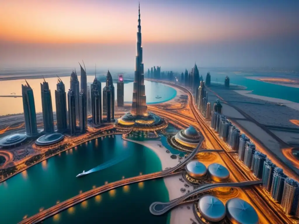 Horizonte futurista de Dubai y Abu Dhabi al anochecer Horizonte futurista de Dubai y Abu Dhabi al anochecer, reflejos de luces en el Golfo Pérsico