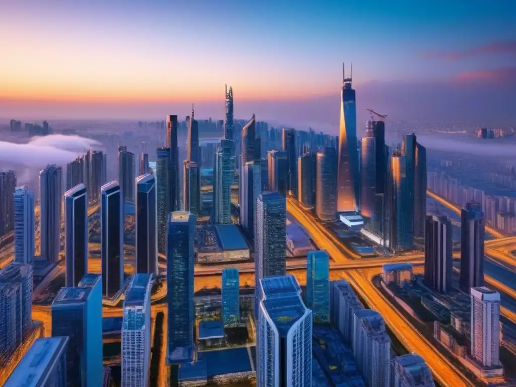 Horizonte futurista al anochecer: arquitectura innovadora en 8k Un horizonte futurista al anochecer con rascacielos relucientes reflejando el último destello del sol