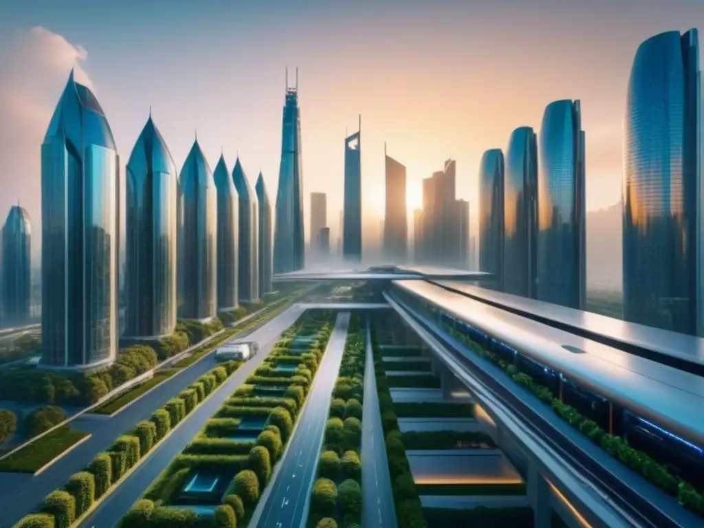 Futurista ciudad 8k: rascacielos, naturaleza y puesta de sol Horizonte futurista con sinergias postfusión bienes raíces entre rascacielos, pasarelas y vegetación integrada, iluminado por un cálido atardecer