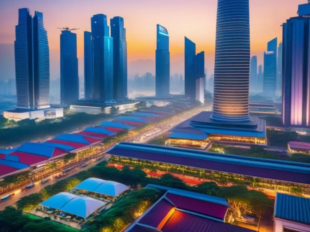 Horizonte futurista en metrópolis asiática: progreso y modernidad Horizonte futurista del Sudeste Asiático con rascacielos relucientes bajo un cielo de atardecer vibrante