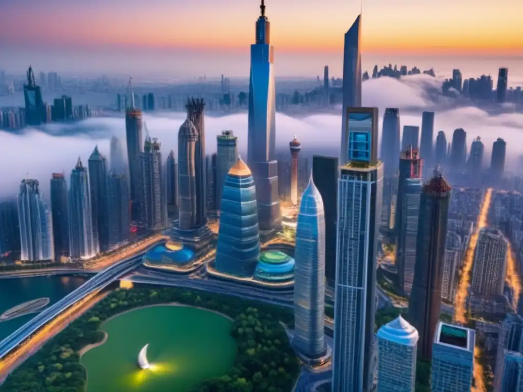 Inversiones inmobiliarias globales: icónicos rascacielos al atardecer Un horizonte global de rascacielos icónicos iluminados por un vibrante atardecer, simbolizando estrategias de inversión inmobiliaria internacional
