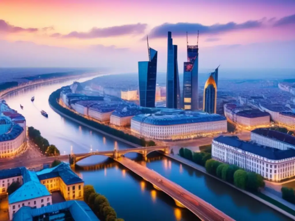 Horizonte dorado: cielo y río se funden en la ciudad de Europa del Este Un horizonte impresionante de una ciudad en Europa del Este, con arquitectura histórica y rascacielos modernos durante un atardecer vibrante