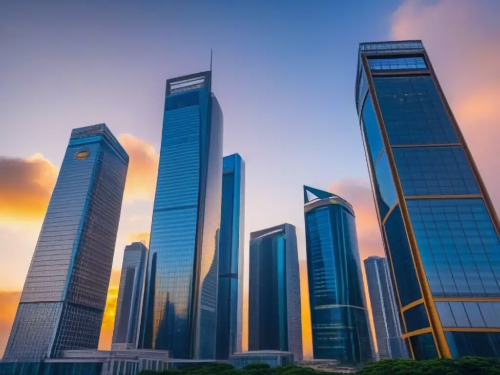 Horizonte global: rascacielos internacionales brillan al atardecer en 2021 Un horizonte internacional de rascacielos en un vibrante atardecer, reflejando la fortaleza financiera de los Dividendos de REITs internacionales 2021