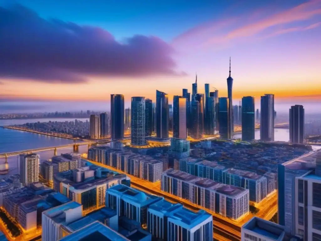 Horizonte futurista y lujoso de una ciudad internacional vibrante Un horizonte lujoso y futurista de una bulliciosa ciudad internacional, con rascacielos elegantes reflejando los tonos dorados del atardecer en un cielo azul profundo
