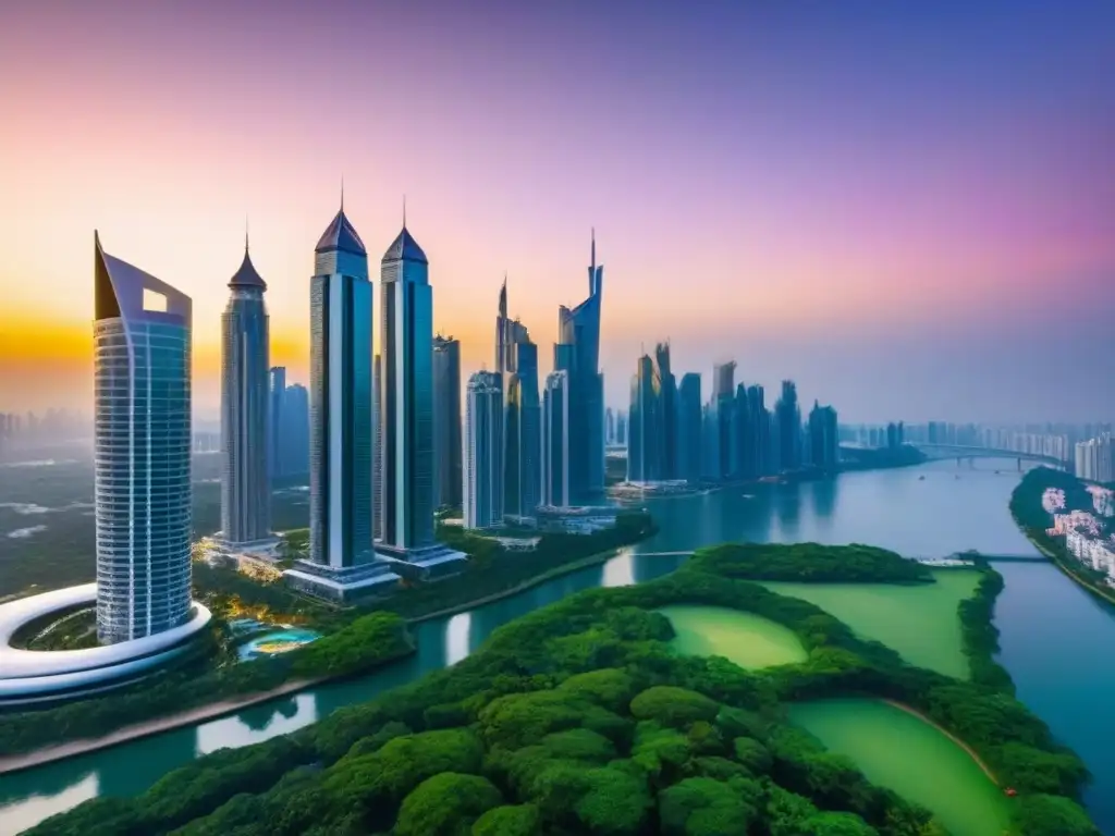 Horizonte lujoso al atardecer: opulencia y modernidad Un horizonte lujoso y moderno, reflejando la opulencia del mercado inmobiliario para inversionistas globales