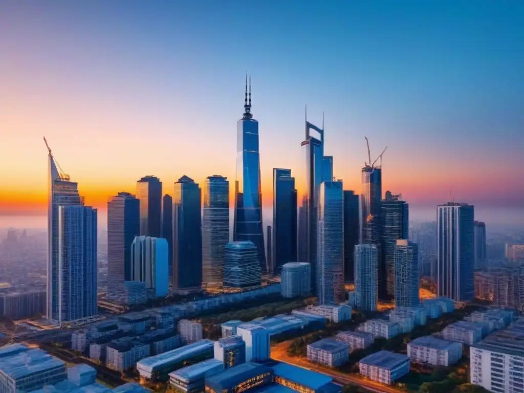 Metrópolis en Evolución: Atardecer en el Horizonte de la Real Estate Horizonte de una metrópolis vibrante al atardecer, reflejando tendencias fusiones mercado inmobiliario